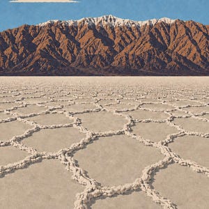 Puede incluir: Un p&oacute;ster que muestra un paisaje del Valle de la Muerte con una salina hexagonal agrietada en primer plano. Al fondo, monta&ntilde;as marrones y escarpadas con picos nevados se alzan bajo un cielo azul con una nube blanca. El texto dice DEATH VALLEY.