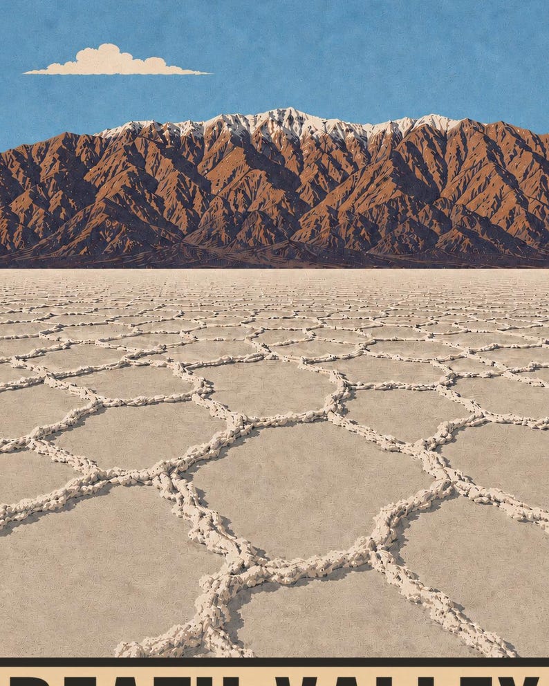 Puede incluir: Un p&oacute;ster que muestra un paisaje del Valle de la Muerte con una salina hexagonal agrietada en primer plano. Al fondo, monta&ntilde;as marrones y escarpadas con picos nevados se alzan bajo un cielo azul con una nube blanca. El texto dice DEATH VALLEY.