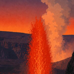 Puede incluir: Una vibrante ilustraci&oacute;n de una erupci&oacute;n volc&aacute;nica con una alta fuente de lava de color naranja y rojo brillante que brota hacia un cielo oscuro al atardecer. Un espeso humo blanco se eleva en el aire sobre un terreno oscuro y escarpado.