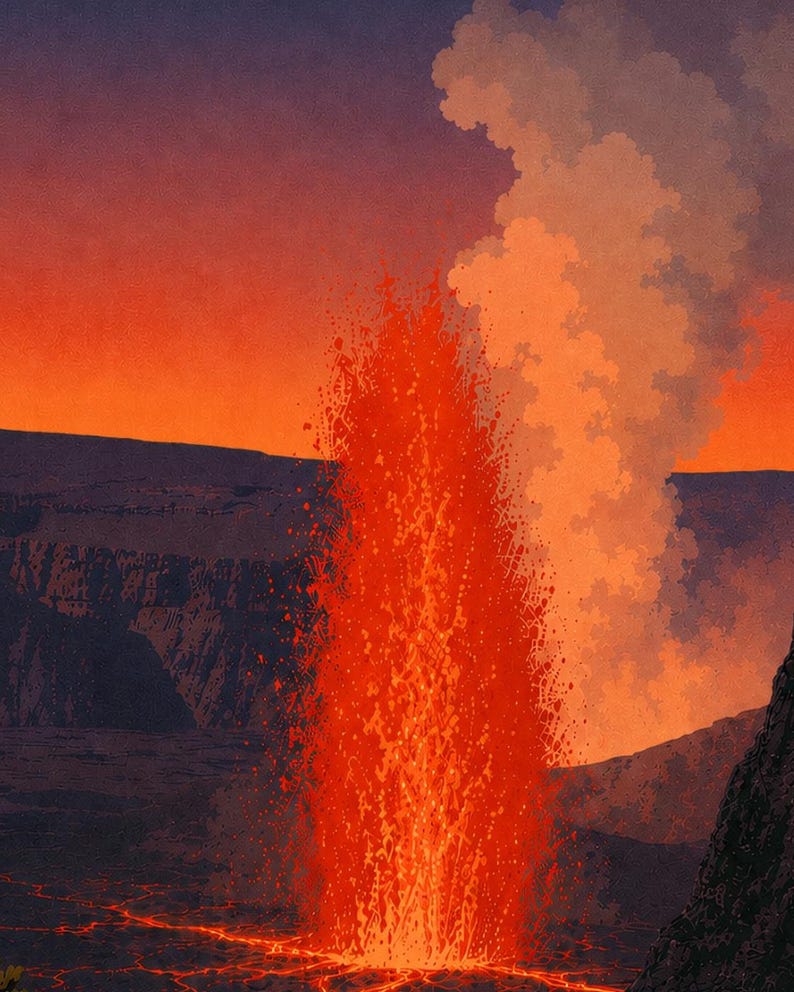 Puede incluir: Una vibrante ilustraci&oacute;n de una erupci&oacute;n volc&aacute;nica con una alta fuente de lava de color naranja y rojo brillante que brota hacia un cielo oscuro al atardecer. Un espeso humo blanco se eleva en el aire sobre un terreno oscuro y escarpado.