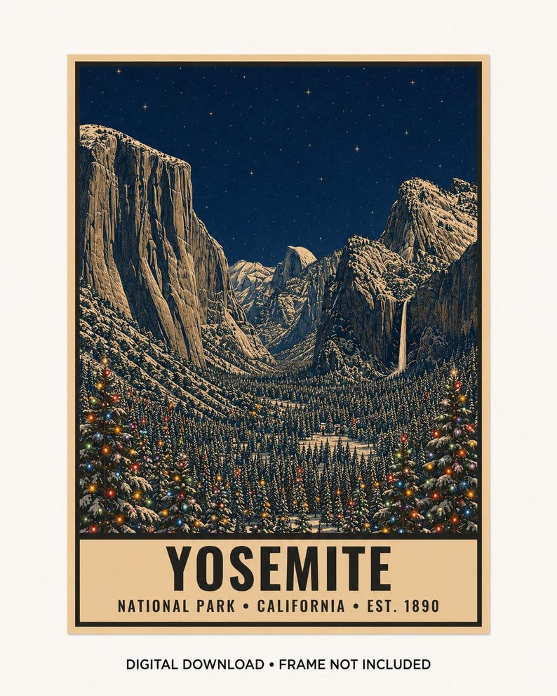May include: A vertical poster featuring a night scene of Yosemite National Park with snow-covered mountains, a waterfall, and a forest of pine trees decorated with colorful lights. The text reads YOSEMITE NATIONAL PARK CALIFORNIA EST. 1890.