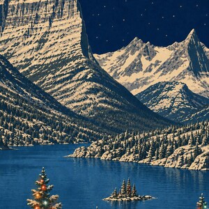 May include: A landscape illustration featuring snow-capped mountains under a dark blue starry night sky. A deep blue lake sits in the foreground, surrounded by pine forests. Three evergreen trees decorated with colorful lights stand in the front.