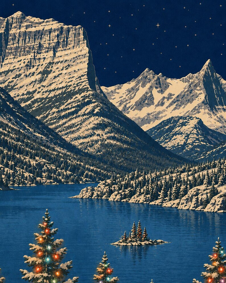May include: A landscape illustration featuring snow-capped mountains under a dark blue starry night sky. A deep blue lake sits in the foreground, surrounded by pine forests. Three evergreen trees decorated with colorful lights stand in the front.