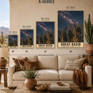 May include: Four vertical wall art prints labeled A3, A2, A1, and A0, each depicting a night sky over Great Basin National Park with ancient trees. Sizes range from 11.7 by 16.5 inches to 33.1 by 46.8 inches. Text includes Great Basin National Park Nevada Est. 1986.