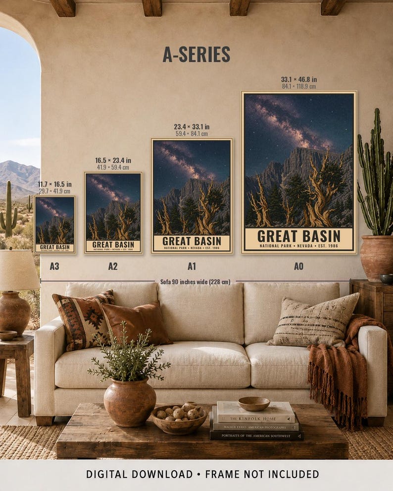 May include: Four vertical wall art prints labeled A3, A2, A1, and A0, each depicting a night sky over Great Basin National Park with ancient trees. Sizes range from 11.7 by 16.5 inches to 33.1 by 46.8 inches. Text includes Great Basin National Park Nevada Est. 1986.