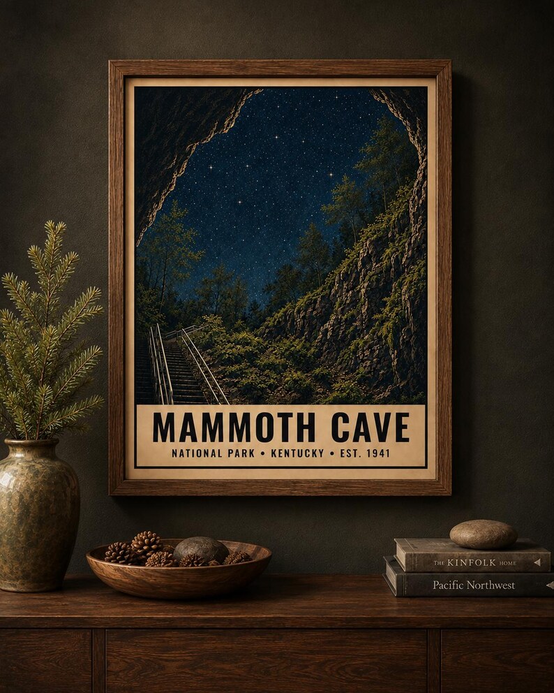 May include: A framed wall art print featuring a night scene of Mammoth Cave National Park in Kentucky. The image shows a starry sky above a rocky cave entrance with stairs, with the text MAMMOTH CAVE NATIONAL PARK KENTUCKY EST. 1941 below.