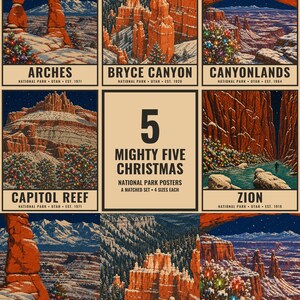 May include: A collection of five posters featuring winter landscapes of Arches, Bryce Canyon, Canyonlands, Capitol Reef, and Zion National Parks. Each poster displays snow-covered rock formations and evergreen trees decorated with colorful Christmas lights.