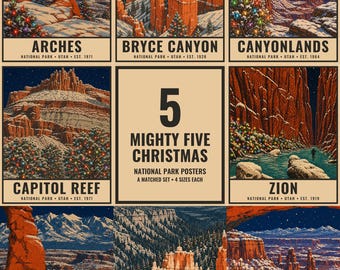 Utah Mighty Five National Park Christmas Set, 5 Holiday Prints, Arches, Bryce Canyon, Capitol Reef, Canyonlands, Zion (Digital Download)