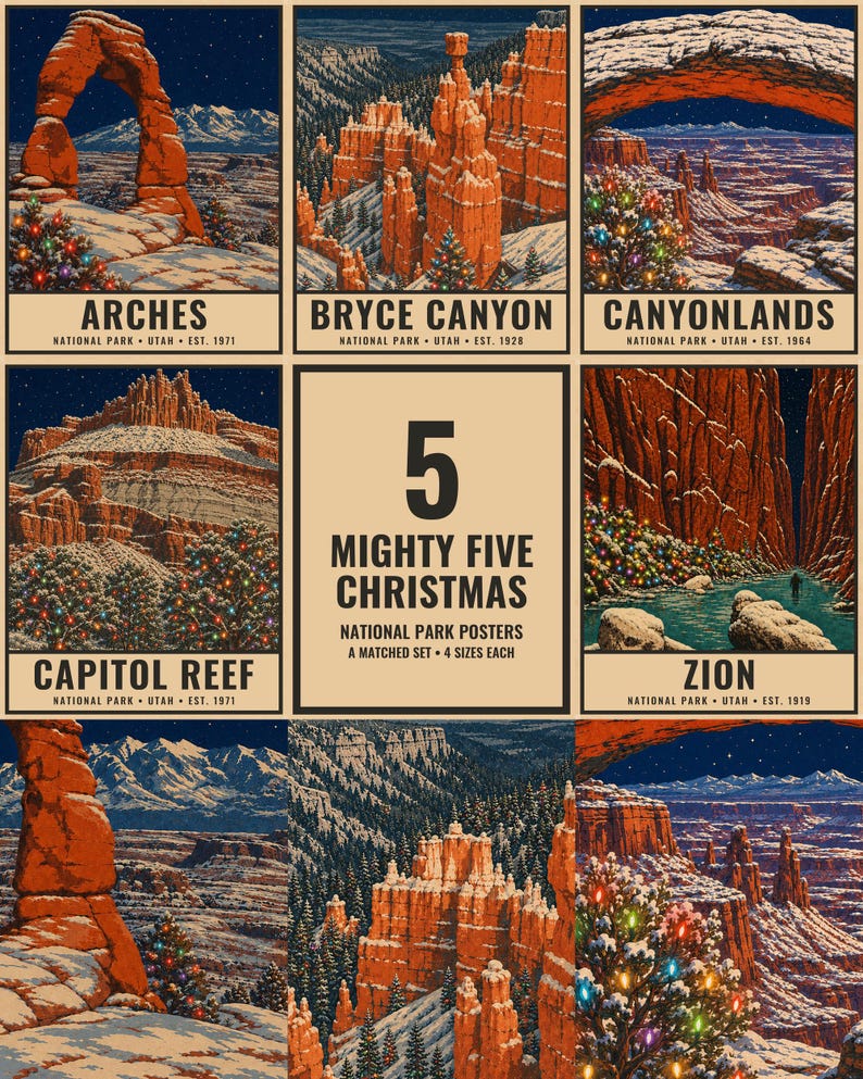 May include: A collection of five posters featuring winter landscapes of Arches, Bryce Canyon, Canyonlands, Capitol Reef, and Zion National Parks. Each poster displays snow-covered rock formations and evergreen trees decorated with colorful Christmas lights.