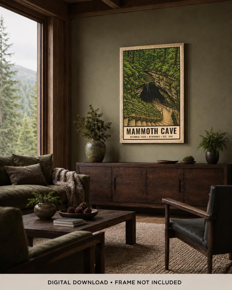 May include: A rectangular wall poster featuring a stylized illustration of the Mammoth Cave National Park entrance, with a stone staircase leading into a dark cave opening surrounded by green trees and the text MAMMOTH CAVE NATIONAL PARK KENTUCKY EST. 1941.