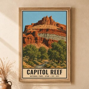 Capitol Reef National Park Poster, Utah Vintage Travel Print, Fruita Orchard Landscape, Red Rock Wall Decor, Printable Digital Download image 1