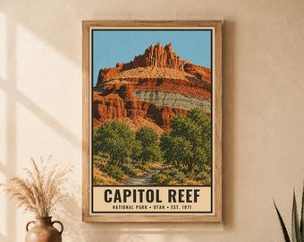 Capitol Reef National Park Poster, Utah Vintage Travel Print, Fruita Orchard Landscape, Red Rock Wall Decor, Printable Digital Download