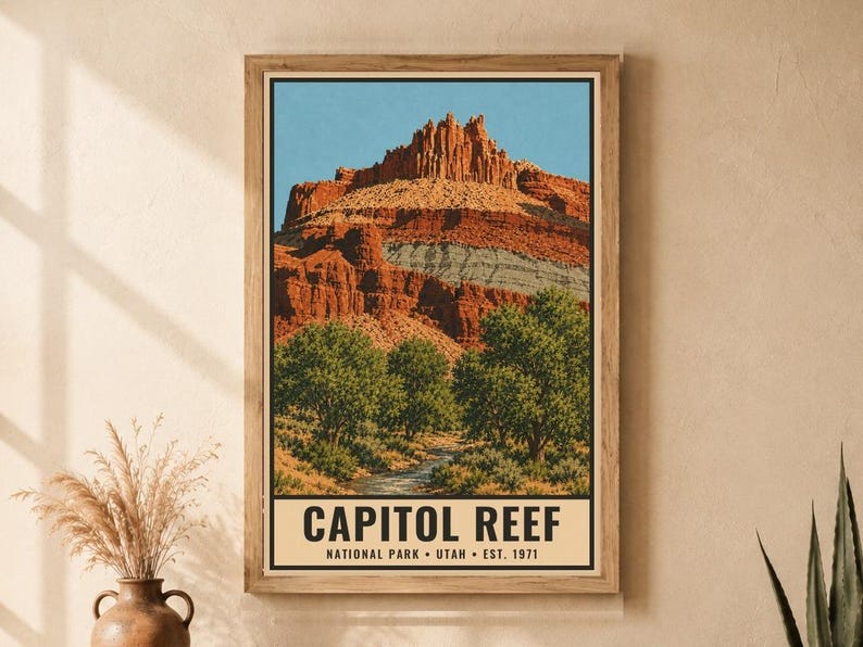 Capitol Reef National Park Poster, Utah Vintage Travel Print, Fruita Orchard Landscape, Red Rock Wall Decor, Printable Digital Download image 1