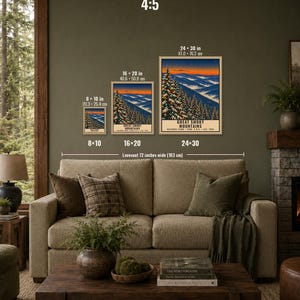 May include: Three framed art prints of the Great Smoky Mountains National Park displayed on a wall above a loveseat. The prints are available in sizes 8x10 inches, 16x20 inches, and 24x30 inches. The artwork features a mountain landscape with pine trees.