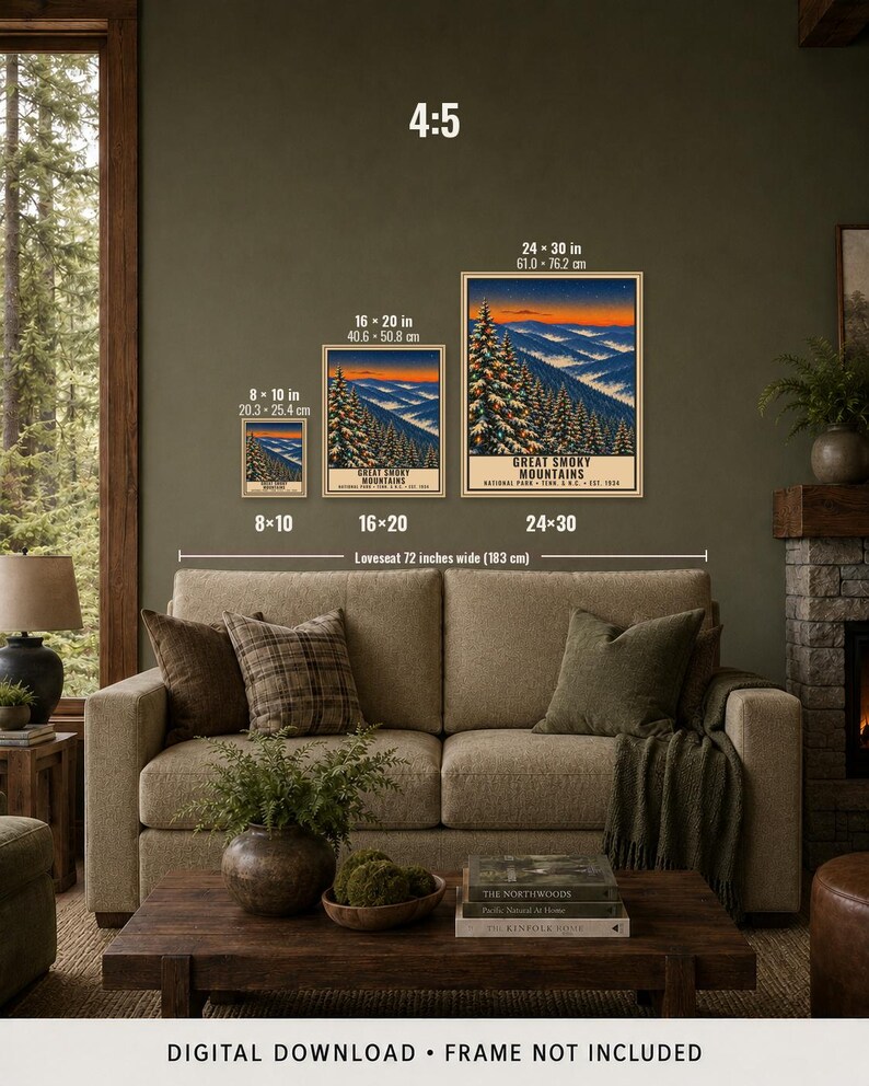May include: Three framed art prints of the Great Smoky Mountains National Park displayed on a wall above a loveseat. The prints are available in sizes 8x10 inches, 16x20 inches, and 24x30 inches. The artwork features a mountain landscape with pine trees.