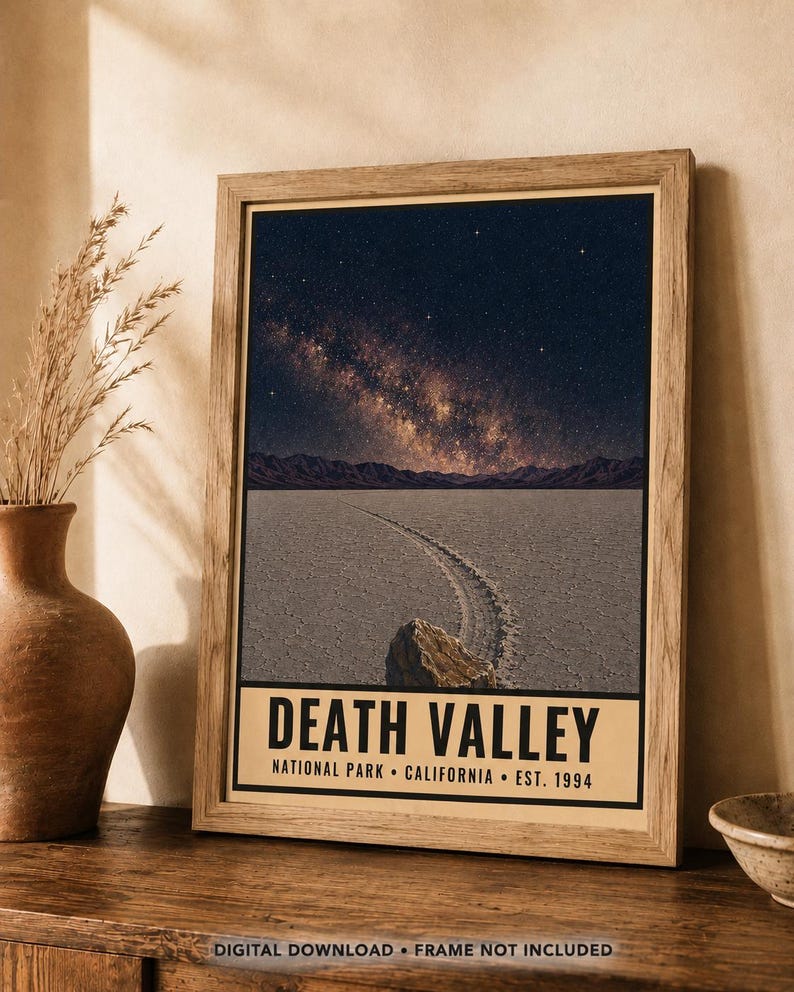 May include: A framed vertical poster featuring a night sky with a visible Milky Way galaxy over the Death Valley desert landscape, including a rock with a trail on the cracked ground. The text reads DEATH VALLEY NATIONAL PARK CALIFORNIA EST. 1994.
