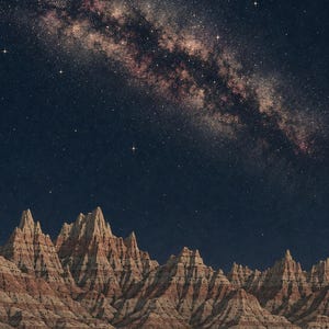 K&ouml;nnte beinhalten: Eine Landschaft mit zerkl&uuml;fteten, geschichteten Felsformationen in Beige-, Braun- und Rott&ouml;nen unter einem dunklen Nachthimmel. Die Milchstra&szlig;e ist als helles, dichtes Band aus Sternen und kosmischem Staub am oberen Himmelsabschnitt zu sehen.