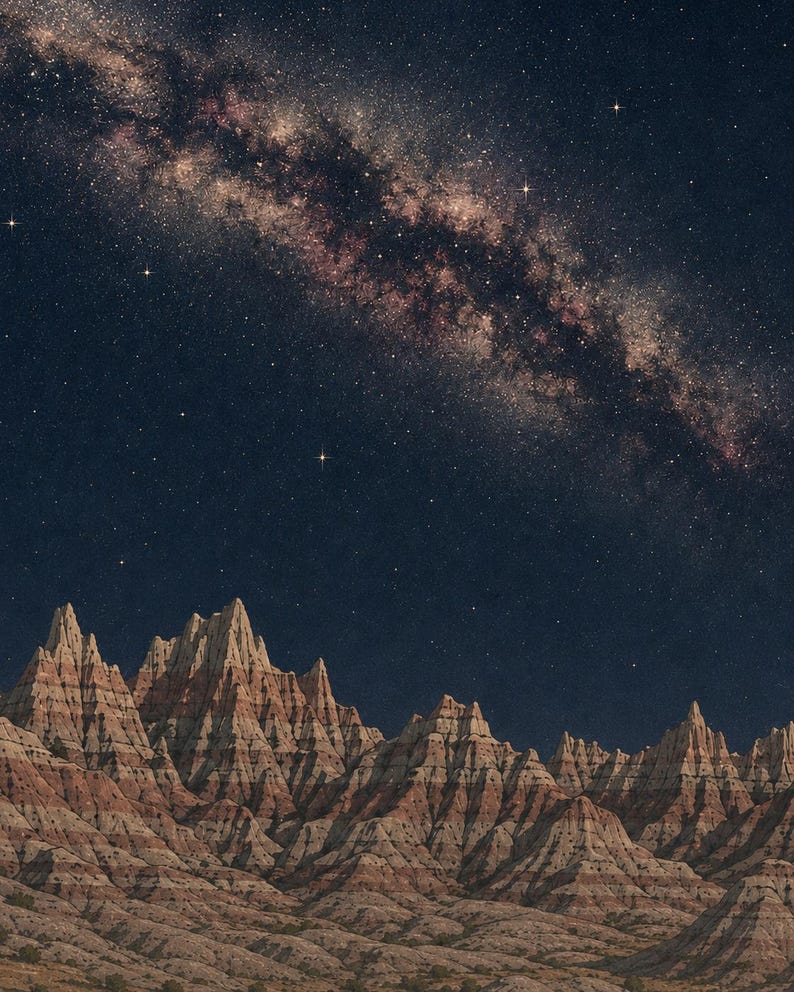 K&ouml;nnte beinhalten: Eine Landschaft mit zerkl&uuml;fteten, geschichteten Felsformationen in Beige-, Braun- und Rott&ouml;nen unter einem dunklen Nachthimmel. Die Milchstra&szlig;e ist als helles, dichtes Band aus Sternen und kosmischem Staub am oberen Himmelsabschnitt zu sehen.