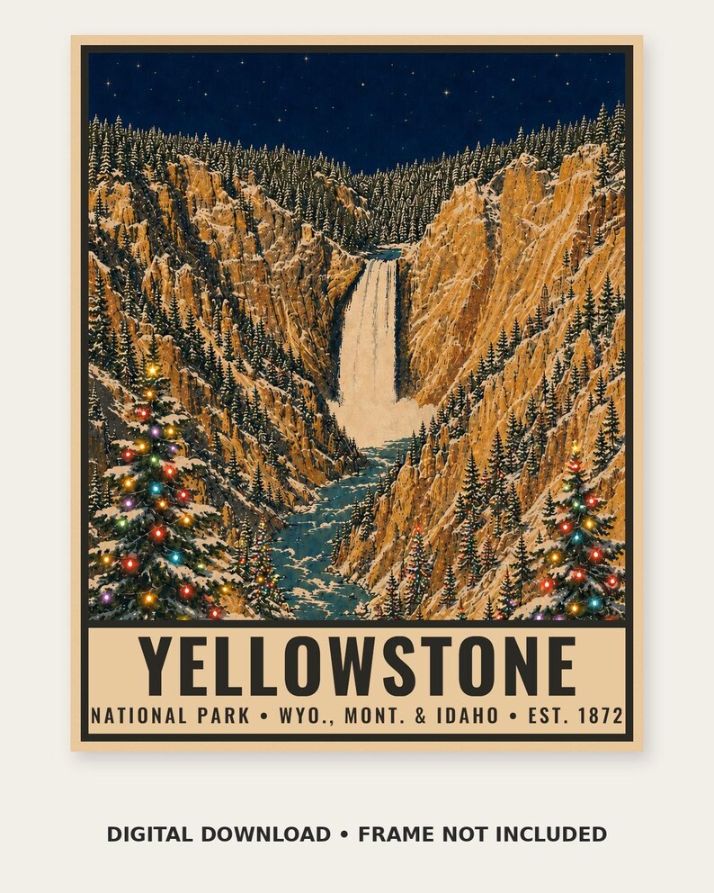 May include: A vertical poster featuring a waterfall cascading through a canyon with pine trees under a starry night sky. Two evergreen trees decorated with colorful lights stand in the foreground. The text reads YELLOWSTONE NATIONAL PARK.