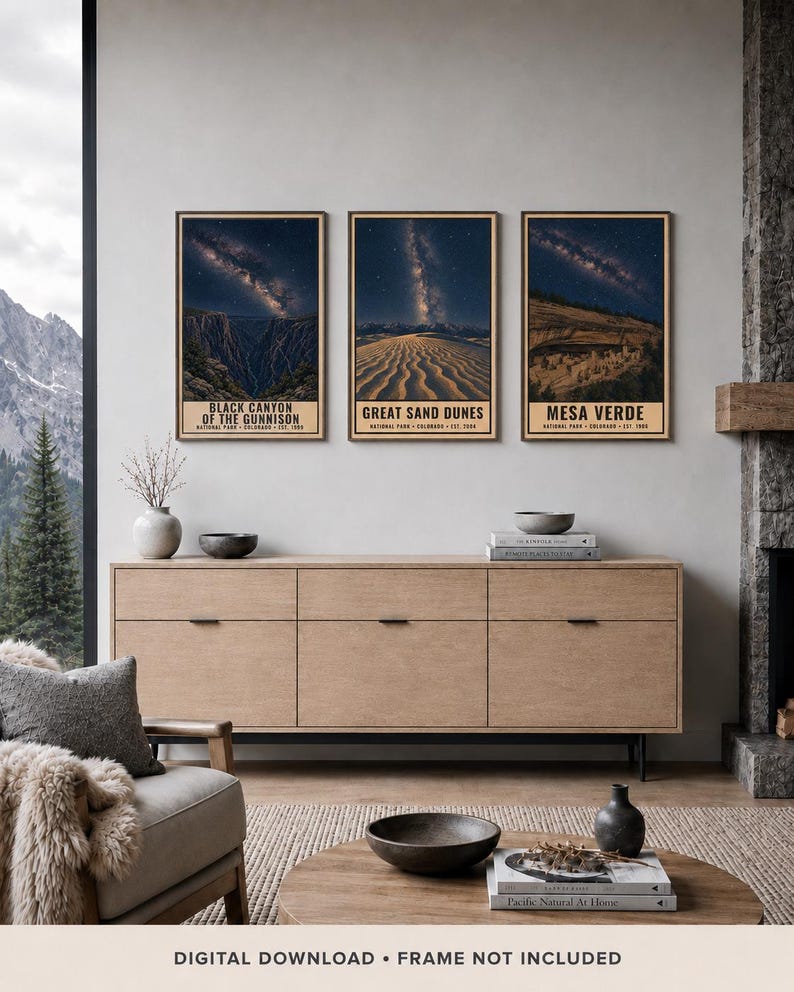 May include: Three vertical framed wall art prints featuring night sky landscapes of Black Canyon of the Gunnison, Great Sand Dunes, and Mesa Verde National Parks. Each print displays a starry galaxy above the park terrain with text below.