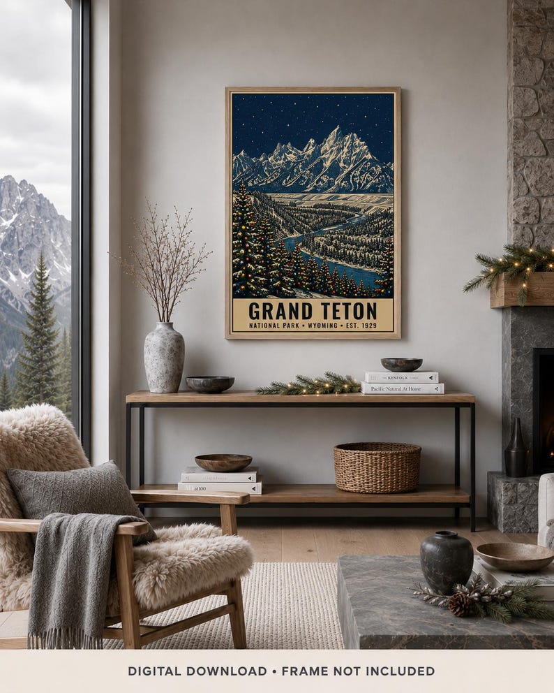 Parque Nacional Grand Teton, Póster navideño, Wyoming. Río Snake. Arte invernal con nieve (Descarga digital). imagen 7