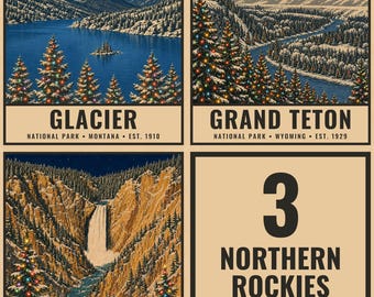 Northern Rockies Christmas Poster Set, 3 Snowy Mountain Holiday Prints (Digital Download)