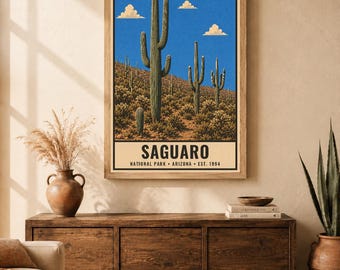 Plakat z Parku Narodowego Saguaro, wydruk z podróży po pustyni z kaktusami w Arizonie, sztuka ścienna z krajobrazem w stylu retro, sitodruk w stylu WPA z lat 60. XX wieku do druku