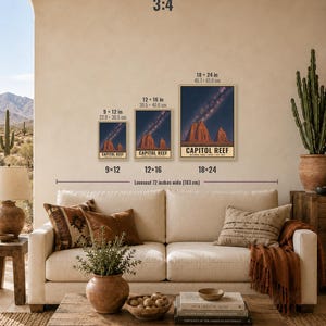 May include: Three framed wall art prints of Capitol Reef National Park at night, displayed in 9x12, 12x16, and 18x24 inch sizes. Each print features a dark starry sky above red rock formations with the text Capitol Reef National Park Utah Est 1971.