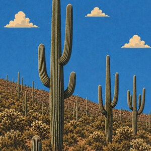 Op de afbeelding: Een illustratie van een woestijnlandschap met verschillende hoge saguaro-cactussen met groene, geribbelde stengels en meerdere armen. De cactussen staan tegen een helderblauwe lucht met drie kleine, pluizige, lichte wolken boven een bruine heuvel.