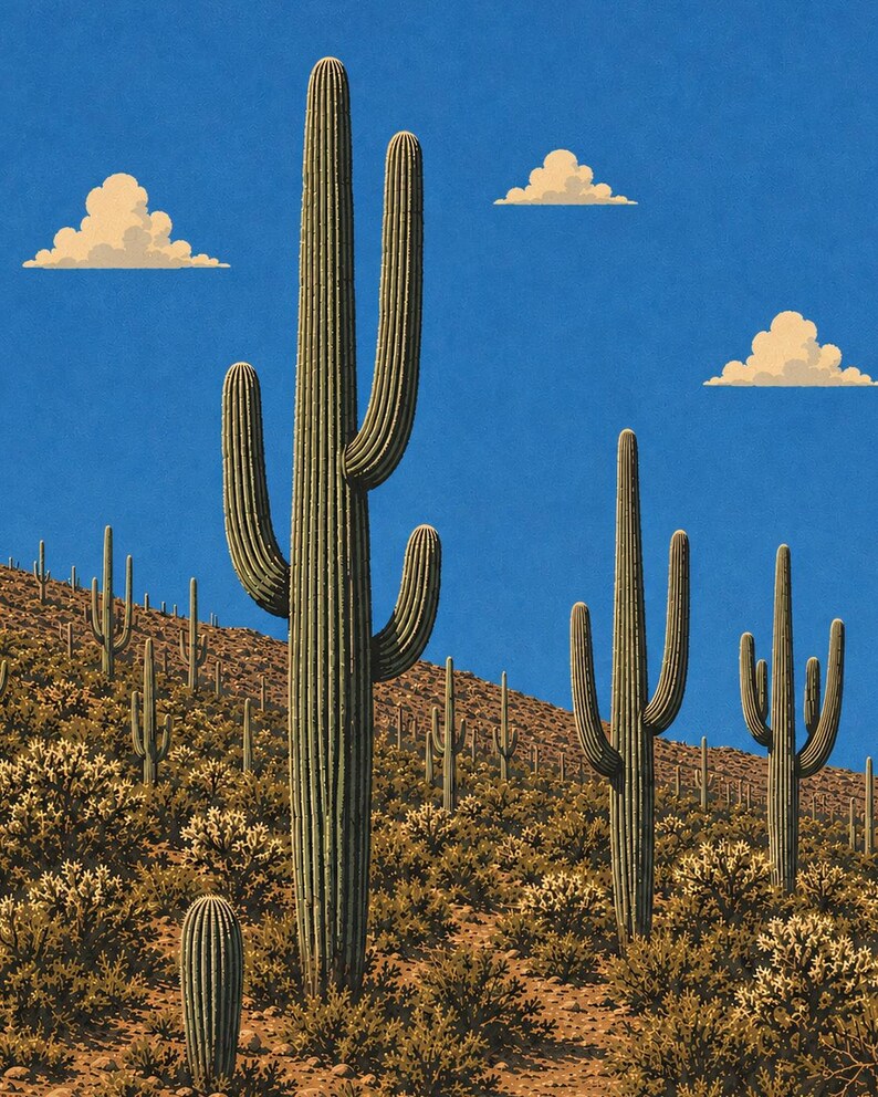 Op de afbeelding: Een illustratie van een woestijnlandschap met verschillende hoge saguaro-cactussen met groene, geribbelde stengels en meerdere armen. De cactussen staan tegen een helderblauwe lucht met drie kleine, pluizige, lichte wolken boven een bruine heuvel.