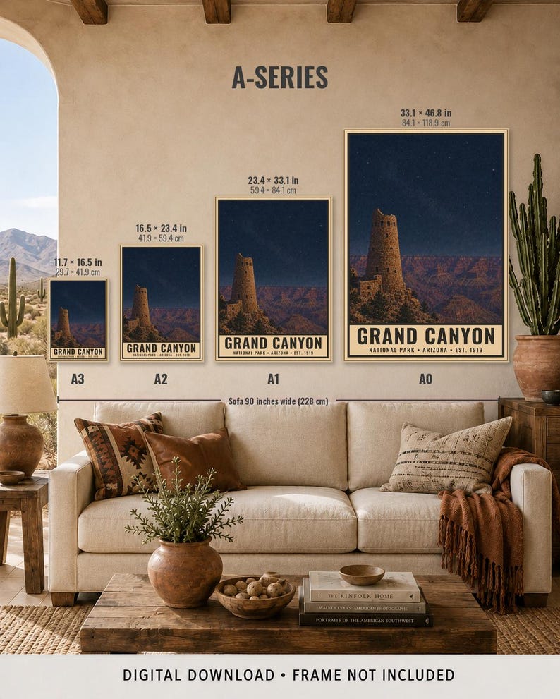 May include: A series of four vertical posters labelled A3, A2, A1, and A0, each depicting the Grand Canyon at night with a stone tower. Sizes range from 29.7 x 41.9 cm to 84.1 x 118.9 cm. The text reads GRAND CANYON NATIONAL PARK ARIZONA EST. 1919.