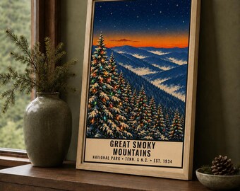 Great Smoky Mountains National Park Christmas Poster, Blue Ridge, Tennessee, Winter Wall Art (Digital Download)