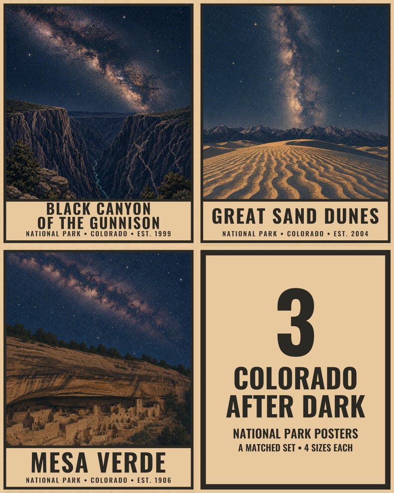 May include: A set of three rectangular posters featuring night sky photography over Black Canyon of the Gunnison, Great Sand Dunes, and Mesa Verde National Parks in Colorado, with a fourth panel displaying the text 3 COLORADO AFTER DARK.