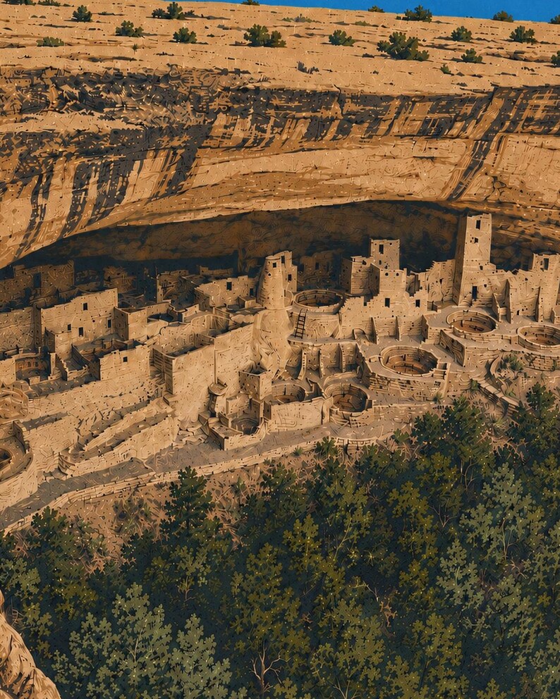 Pu&ograve; includere: Un'antica abitazione rupestre costruita in un'alcova di arenaria, caratterizzata da strutture in pietra a pi&ugrave; piani, kiva circolari e stanze quadrate. La muratura color sabbia &egrave; incastonata sotto una grande sporgenza rocciosa.