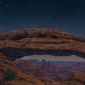 May include: A natural red rock arch frames a vast desert canyon landscape under a dark night sky filled with stars. The rugged, textured sandstone formation creates a wide opening that reveals distant mesas and deep valleys in the arid terrain.
