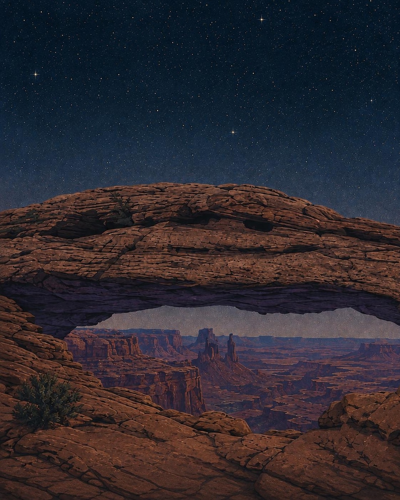 May include: A natural red rock arch frames a vast desert canyon landscape under a dark night sky filled with stars. The rugged, textured sandstone formation creates a wide opening that reveals distant mesas and deep valleys in the arid terrain.