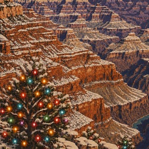 May include: A snowy Grand Canyon landscape at night under a starry sky, featuring a prominent evergreen tree in the foreground decorated with glowing multicolored Christmas lights, with deep red rock formations dusted in white snow.