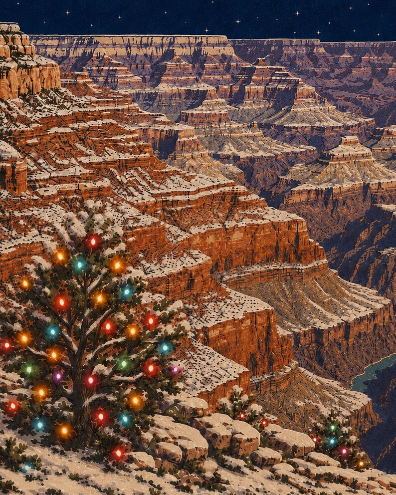 May include: A snowy Grand Canyon landscape at night under a starry sky, featuring a prominent evergreen tree in the foreground decorated with glowing multicolored Christmas lights, with deep red rock formations dusted in white snow.