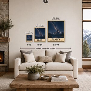 May include: Three vertical wall art prints of Glacier National Park featuring a night sky with a milky way galaxy over a mountain and lake. The prints are displayed in 8x10, 16x20, and 24x30 inch sizes above a 72 inch wide loveseat. Text reads GLACIER.