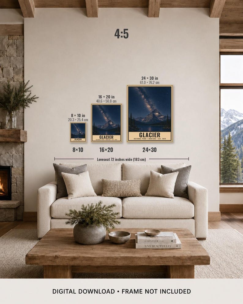 May include: Three vertical wall art prints of Glacier National Park featuring a night sky with a milky way galaxy over a mountain and lake. The prints are displayed in 8x10, 16x20, and 24x30 inch sizes above a 72 inch wide loveseat. Text reads GLACIER.