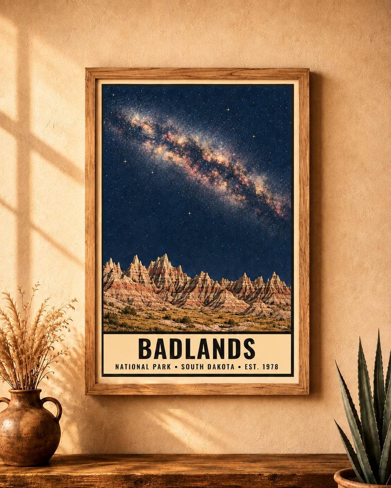 K&ouml;nnte beinhalten: Ein rechteckiger gerahmter Wandkunstdruck, der einen sternenklaren Nachthimmel &uuml;ber den geschichteten Felsformationen des Badlands Nationalparks zeigt. Der Text am unteren Rand lautet BADLANDS NATIONAL PARK SOUTH DAKOTA EST. 1978.