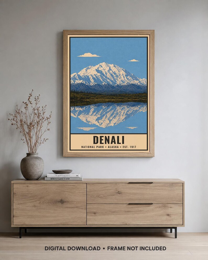 Denali nationalpark-affisch, vintage-resetryck med Alaskas bergstundra, retro väggkonst med vilda djur och landskap, utskrivbar konst från 1960-talet i WPA-stil bild 1