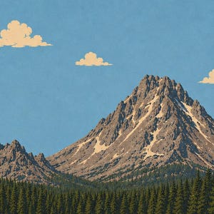 K&ouml;nnte beinhalten: Ein grafischer Kunstdruck, der einen zerkl&uuml;fteten, schneebedeckten Berggipfel &uuml;ber einem dichten Wald aus dunkelgr&uuml;nen Kiefern zeigt. Die Szene ist vor einem klaren blauen Himmel mit mehreren kleinen, flauschigen, cremefarbenen Wolken dargestellt.