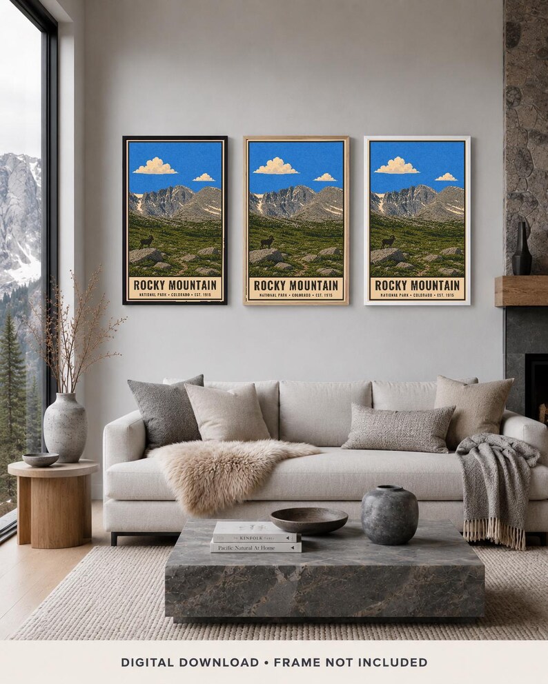 May include: Three identical vertical wall art prints featuring a landscape of Rocky Mountain National Park with a blue sky, white clouds, rocky peaks, green meadows, and a small animal on a rock, labelled with the text Rocky Mountain National Park.