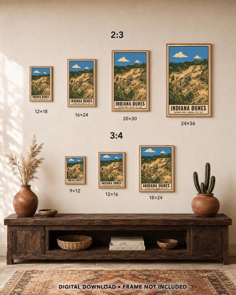 Plakat z Parku Narodowego Indiana Dunes, wydruk z podróży po plaży nad jeziorem Michigan w stylu vintage, dekoracja ścienna z wydmami w stylu retro, dekoracja do druku w stylu WPA z lat 60. XX wieku zdjęcie 5