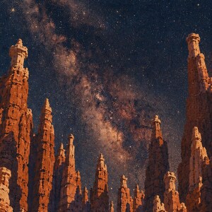 May include: A vertical landscape featuring tall, weathered orange rock hoodoos rising toward a dark night sky. The sky is filled with a dense field of stars and the glowing, dusty band of the Milky Way galaxy stretching across the upper center.