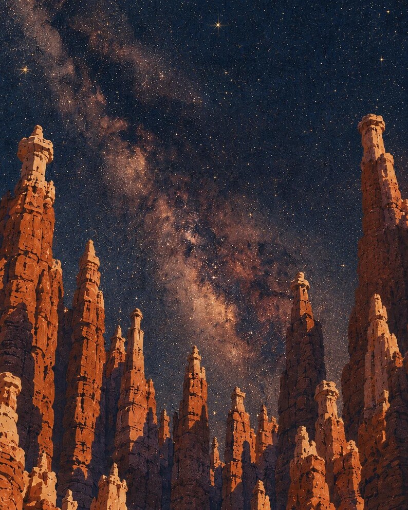 May include: A vertical landscape featuring tall, weathered orange rock hoodoos rising toward a dark night sky. The sky is filled with a dense field of stars and the glowing, dusty band of the Milky Way galaxy stretching across the upper center.