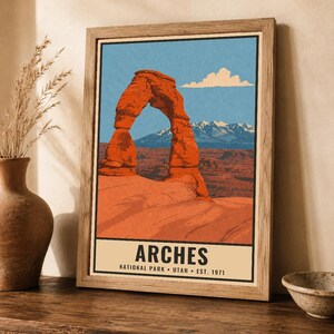 Arches National Park Poster, Delicate Arch Utah Vintage Travel Print, Retro Desert Landscape Wall Art, 1960s WPA Style Printable Decor image 2