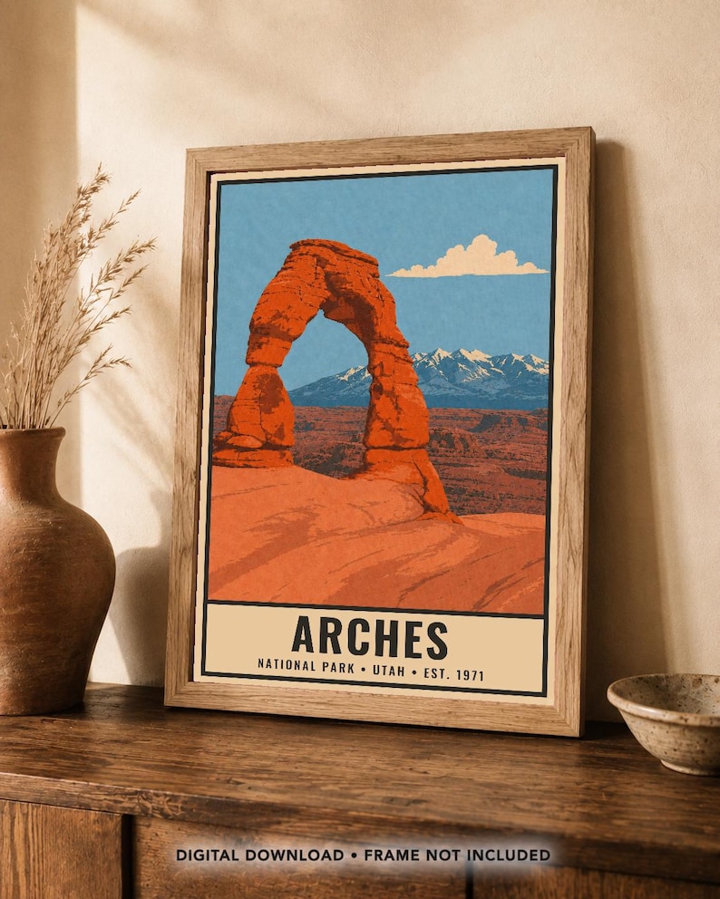 Arches National Park Poster, Delicate Arch Utah Vintage Travel Print, Retro Desert Landscape Wall Art, 1960s WPA Style Printable Decor image 2