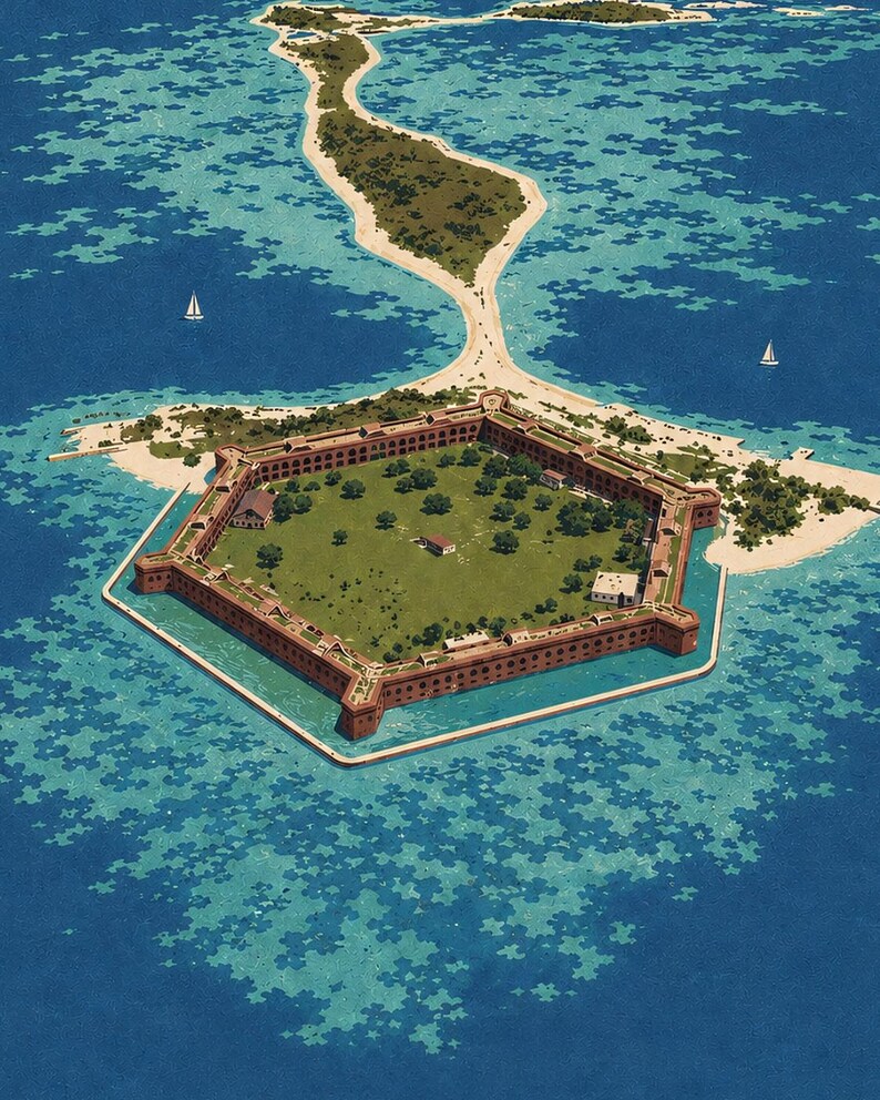 May include: An aerial view of a hexagonal brick fort surrounded by turquoise water and coral reefs. The fort features a large grassy courtyard with scattered trees and small buildings, connected to a long, narrow sandy island by a thin land bridge.